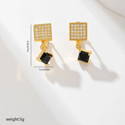 Square zircon stud earrings in six colours: black, red, green, white, champagne, and pink.