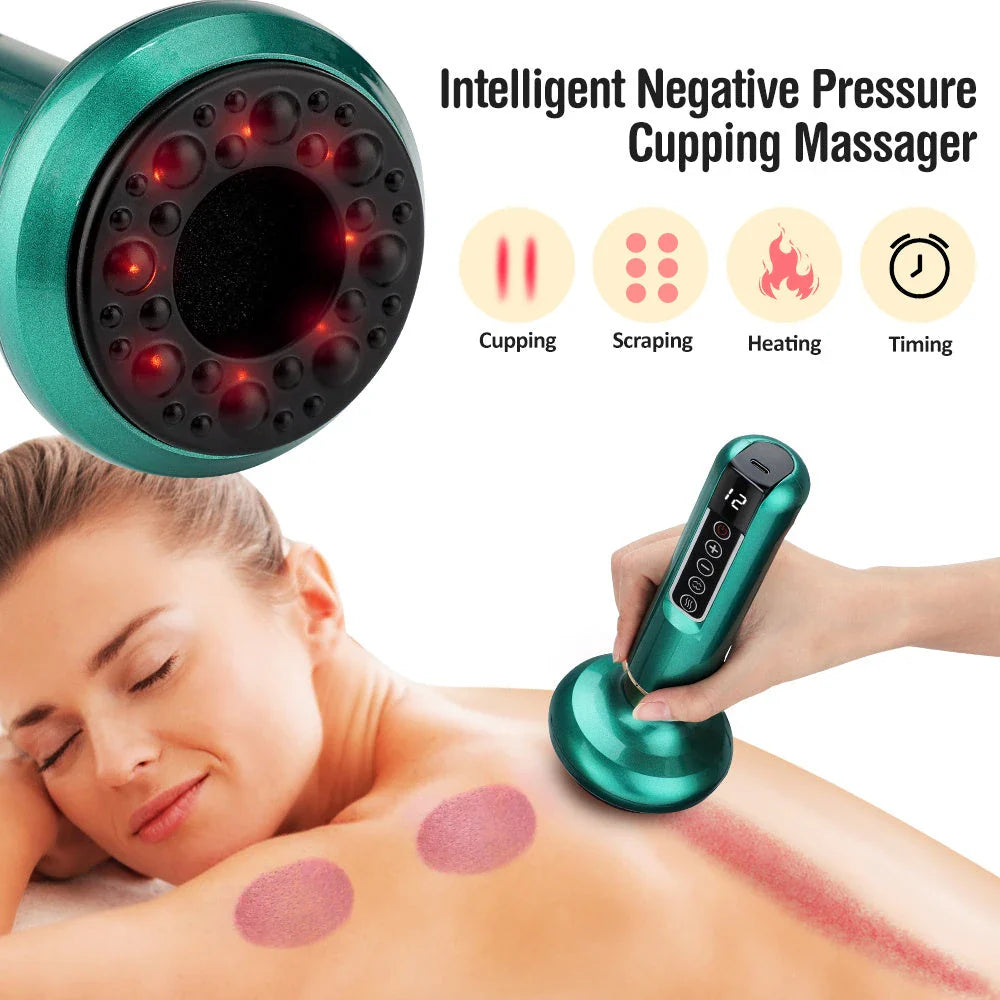 A versatile electric vacuum cupping massager with 12 suction levels, infrared heating, and portable wireless design for holistic self-care at home.