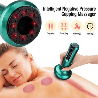 A versatile electric vacuum cupping massager with 12 suction levels, infrared heating, and portable wireless design for holistic self-care at home.