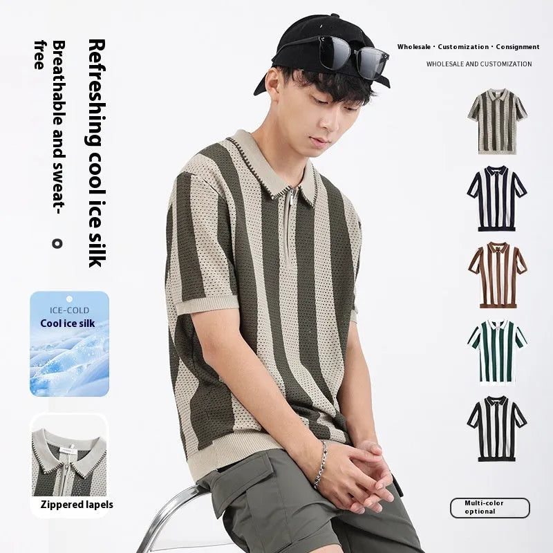 Man wearing a black and white striped short sleeve viscose sweater with a zip detail.