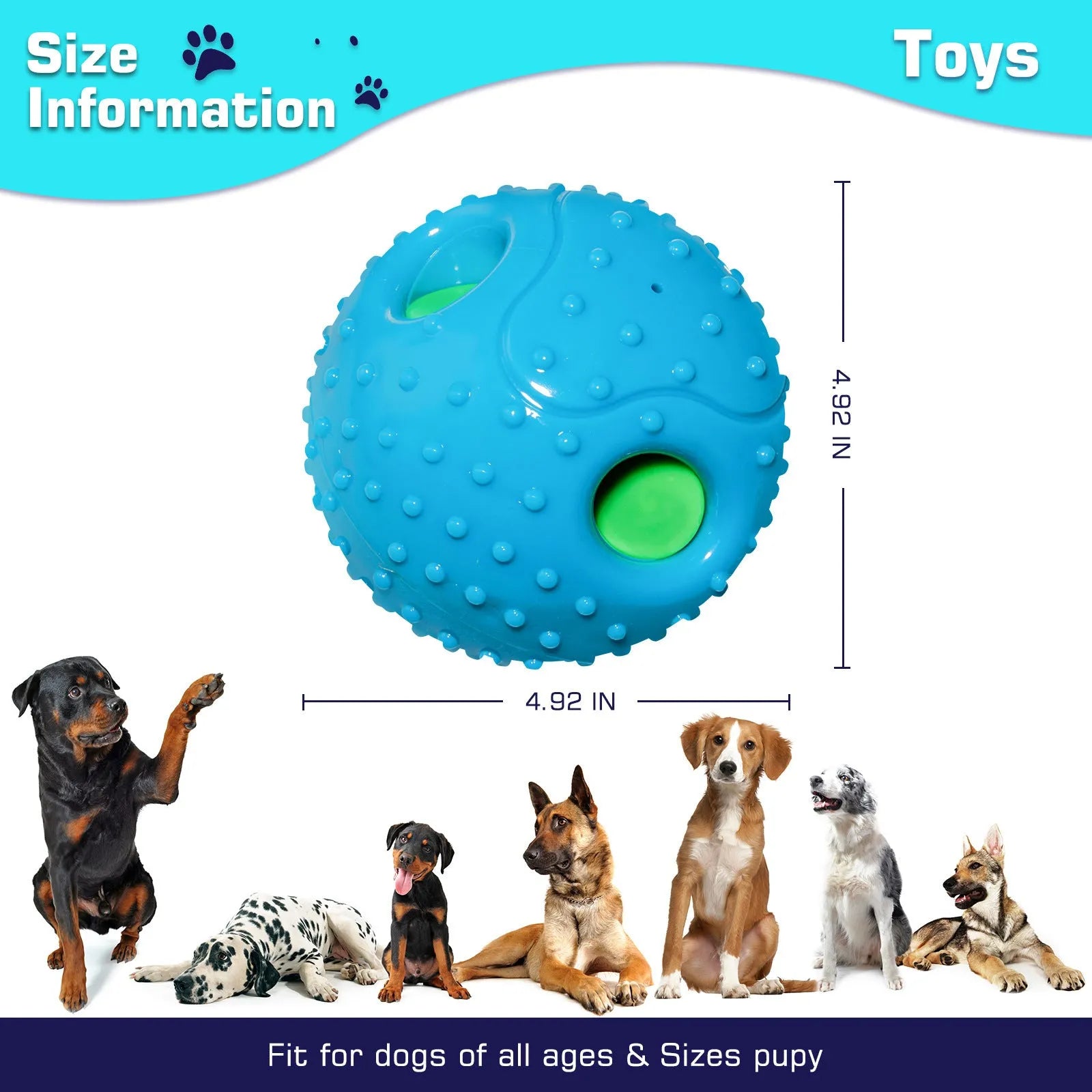 Blue Pet Squall Ball dog toy made from TPR material with 12.5cm diameter placed on grass