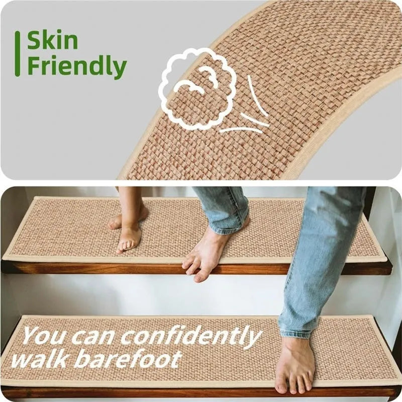 Japanese-style linen-look stair mat in camel colour with 20x76 cm dimensions on wooden steps