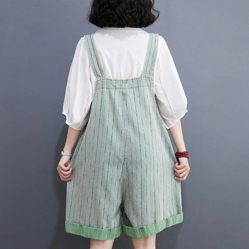 Striped denim overalls shorts with adjustable straps, high waist, and wide legs