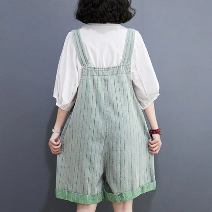 Striped denim overalls shorts with adjustable straps, high waist, and wide legs