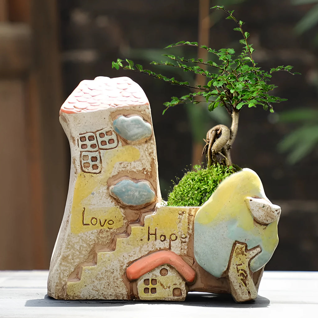 Hand-painted ceramic flower pot with pastoral design and large planting area