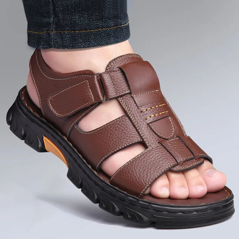 Men's summer cowhide soft bottom dual-use sandals open toe beach slippers with Velcro closure