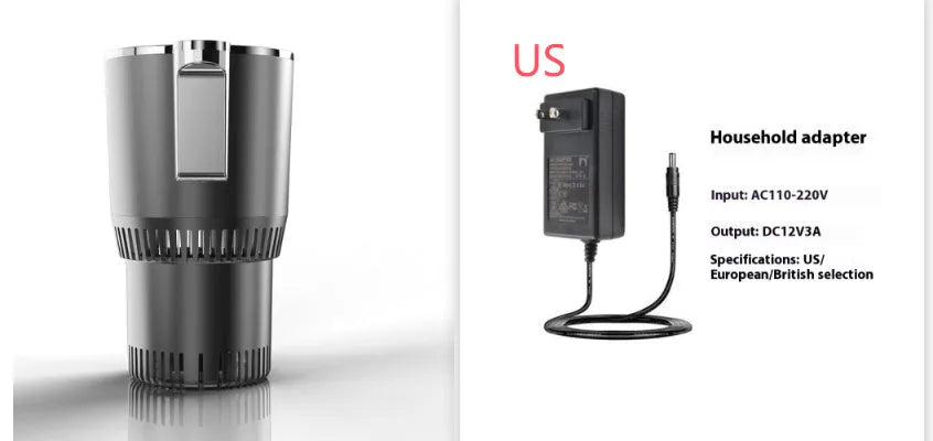 Black 2-in-1 car cup heater and cooler with digital display inserted in a vehicle cup holder.