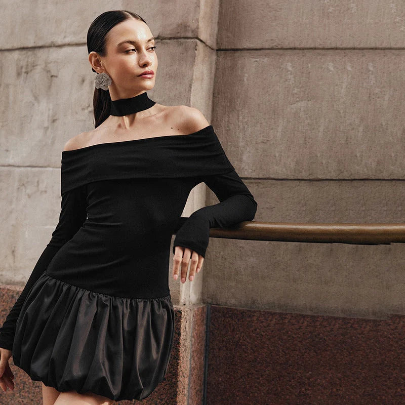 Women's off-shoulder long sleeve stitching dress in contrast colours