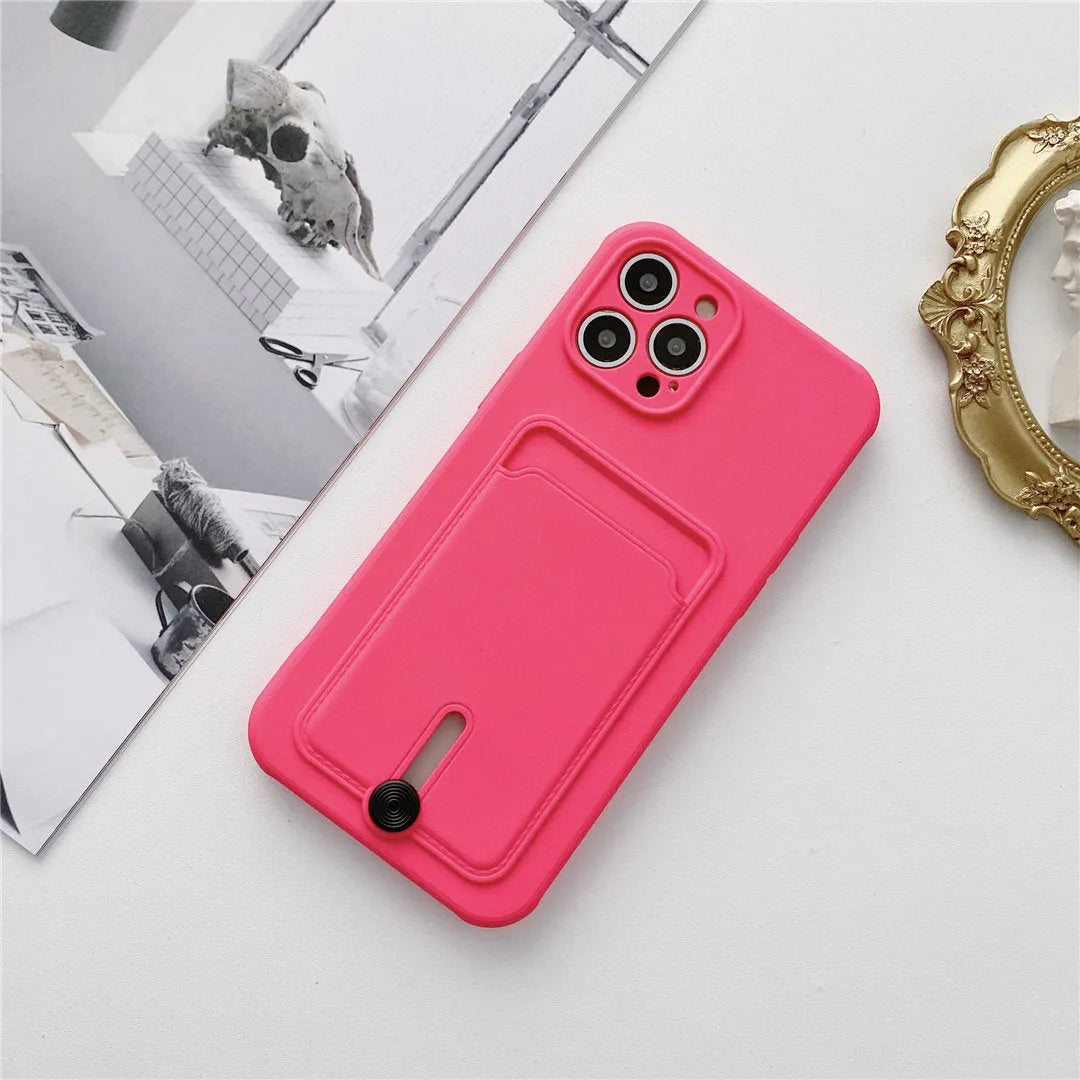 Card holder silicone fine hole phone case for iPhone showing card slot and lanyard loop in black