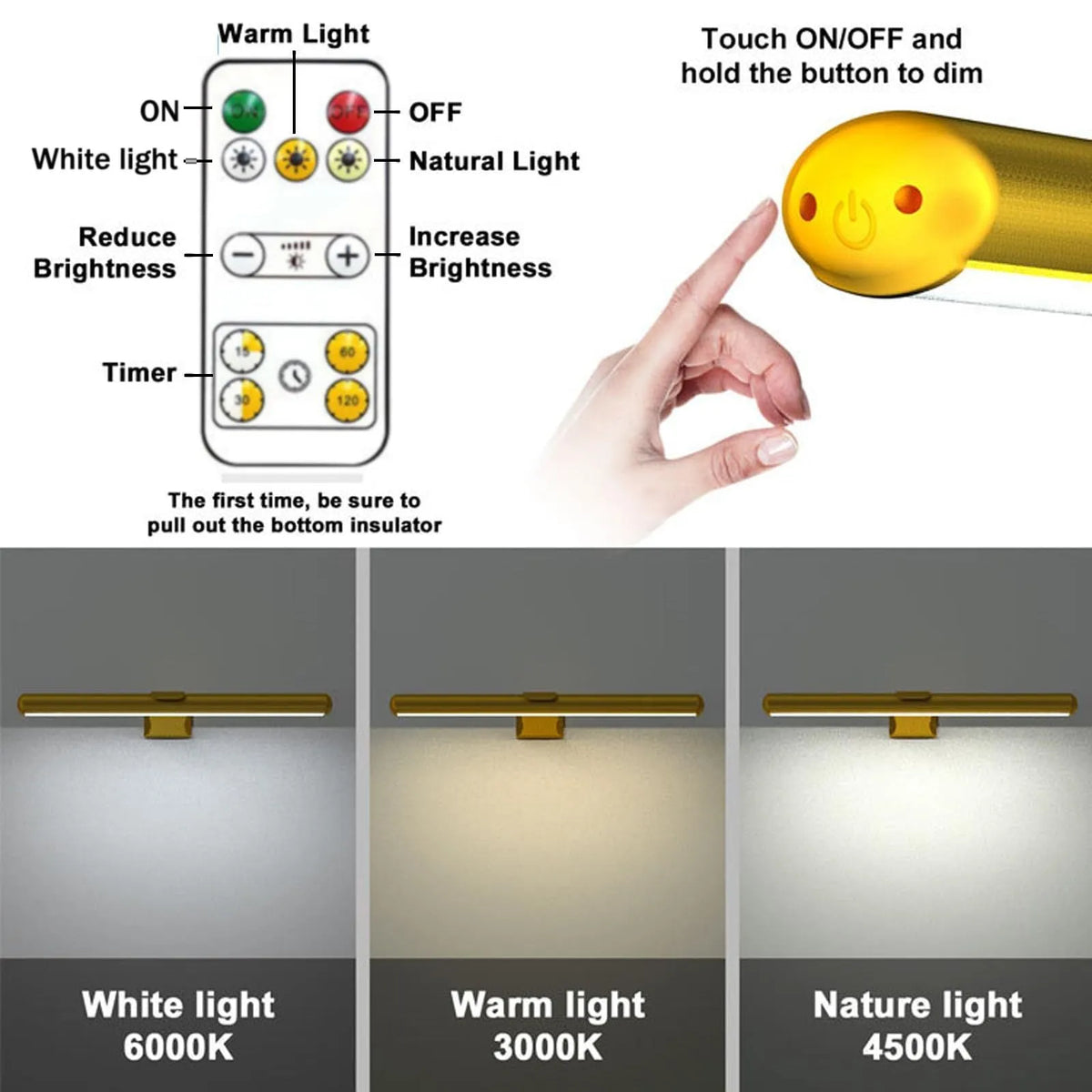 Magnetic suction 40cm rechargeable LED wall lamp in black with remote control, mounted above a bathroom mirror showing three colour temperatures