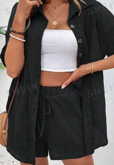 Women's cardigan and lapel shirt set with shorts in burgundy, black, and blue