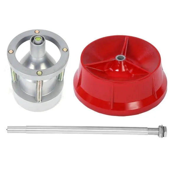 Portable aluminium hub wheel balancer with bull's eye level on enamel base.