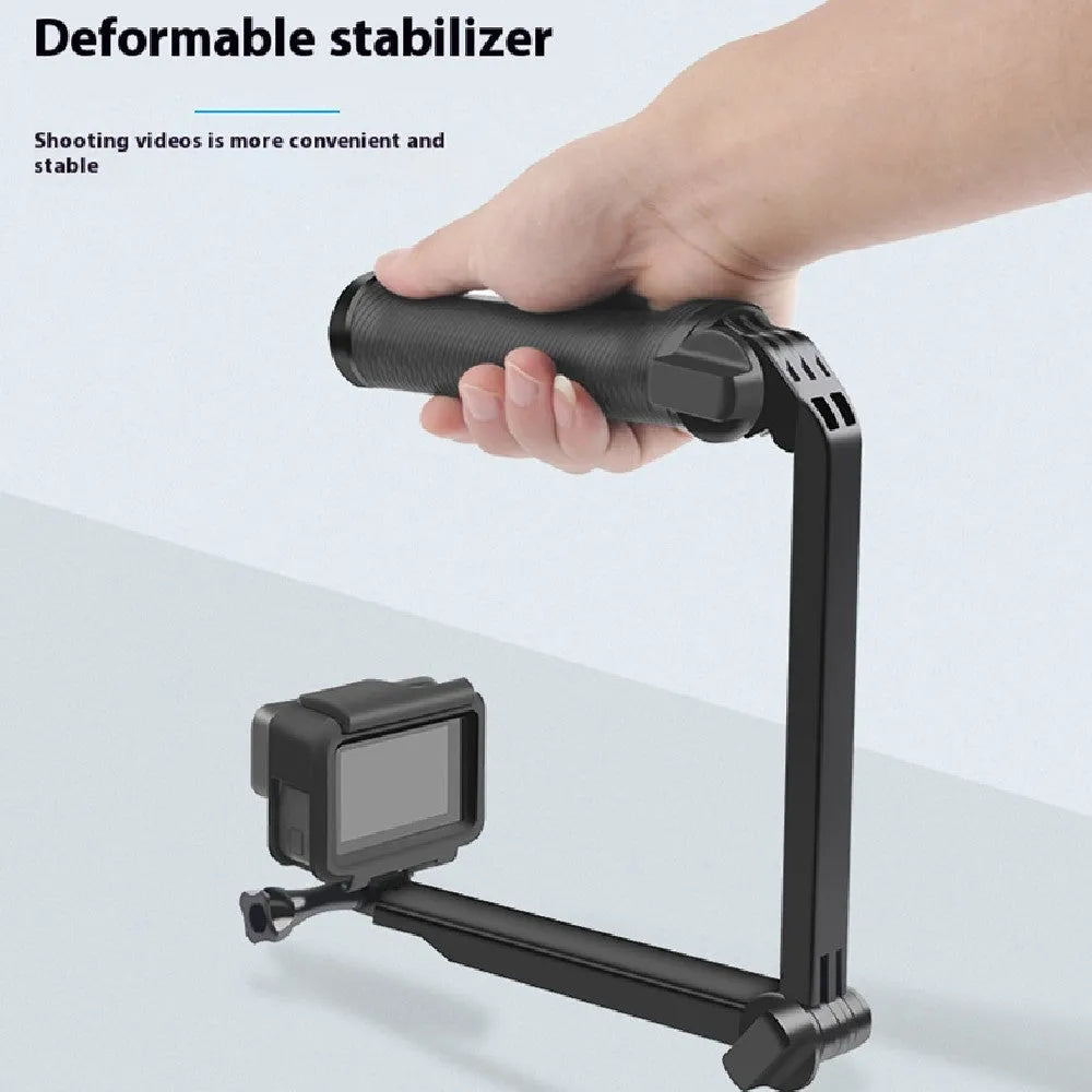Black portable folding tripod for GoPro Hero action cameras in compact storage position.