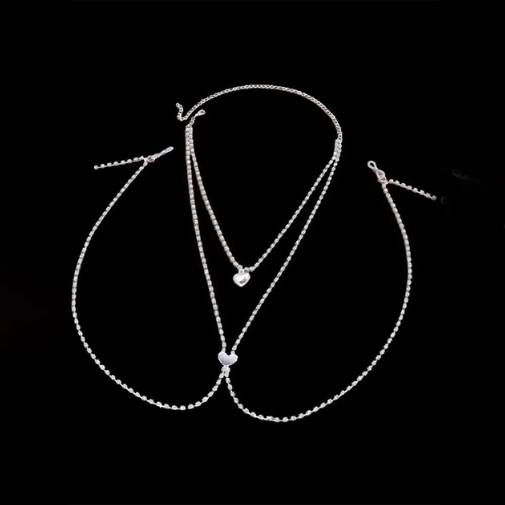 Women's rhinestone heart-shaped body chain jewellery in gold or silver electroplated finish