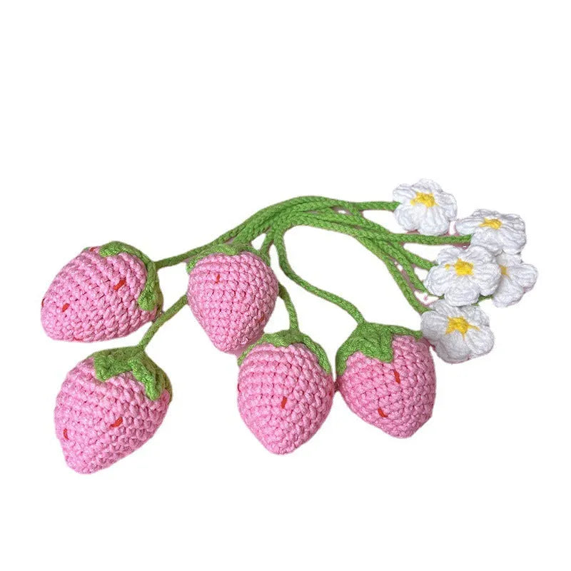 Handmade wool crochet strawberry pendant necklace with 35cm chain in pink or red colour