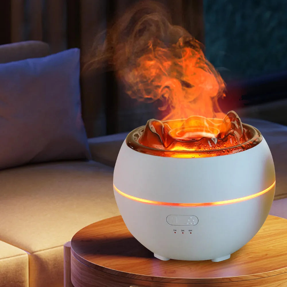 White round flame aroma diffuser and humidifier with water tank on a wooden desk