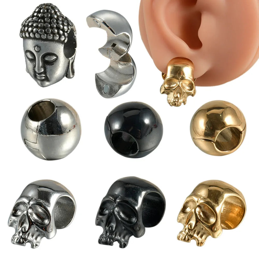 Stainless steel hollow skull and Buddha head geometric ear cuff for hip hop style.