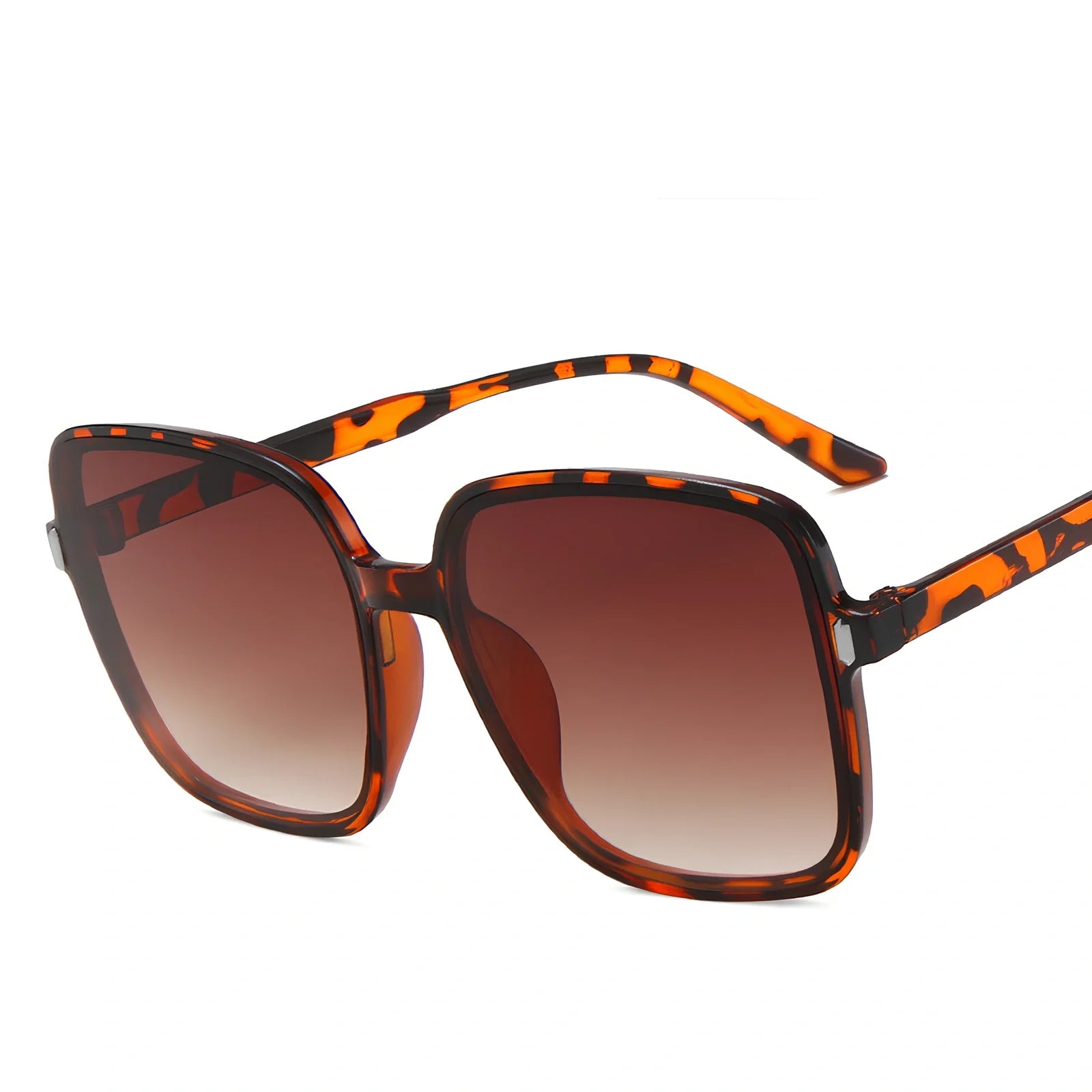 Big square sunglasses in leopard print frame with gray AC lenses, 14cm wide PC construction for UV protection