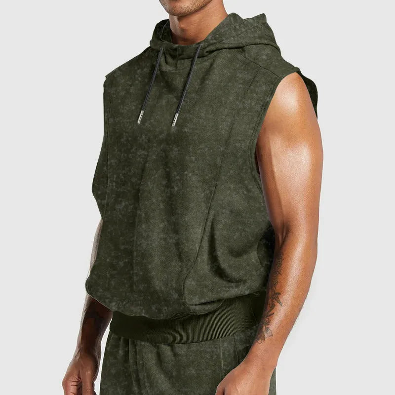 Men's distressed floral print sleeveless hooded top with 3D patch pocket