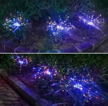 Solar-powered LED fireworks light string for outdoor decoration in various colors