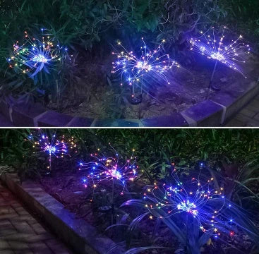 Solar-powered string lights with fireworks-inspired lighting effects, perfect for outdoor gardens, patios, and parties