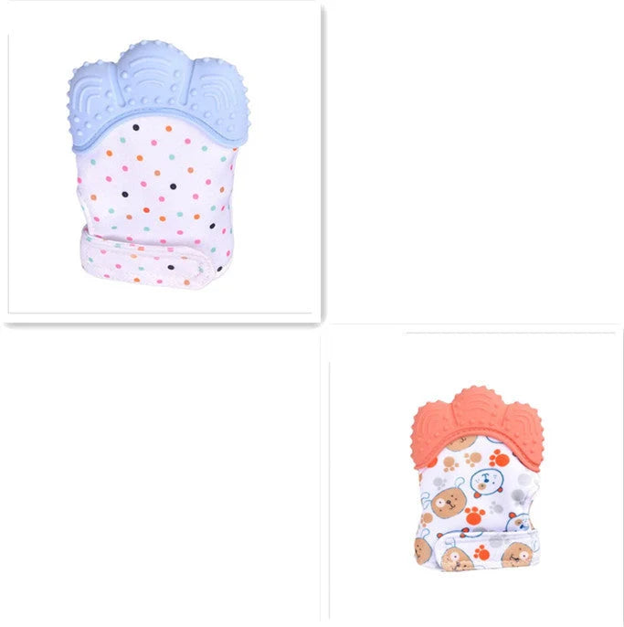 Baby silicone molar teething gloves in various colours with secure Velcro strap