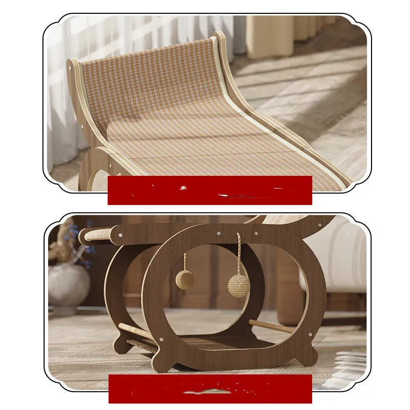 Solid wood sisal scratching mat for cats in wood colour, a simple one-piece recliner design.