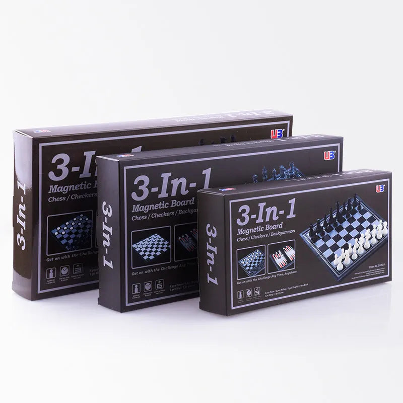 Three-in-one magnetic chess checkers backgammon board game set with plastic board and ABS pieces