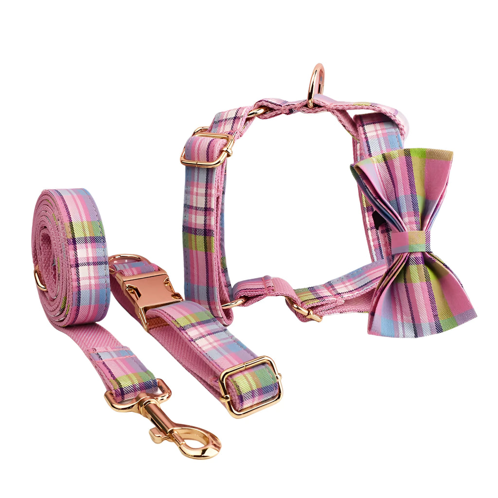 Four-piece dog collar set with matching leash, bow and vest in cloth fabric