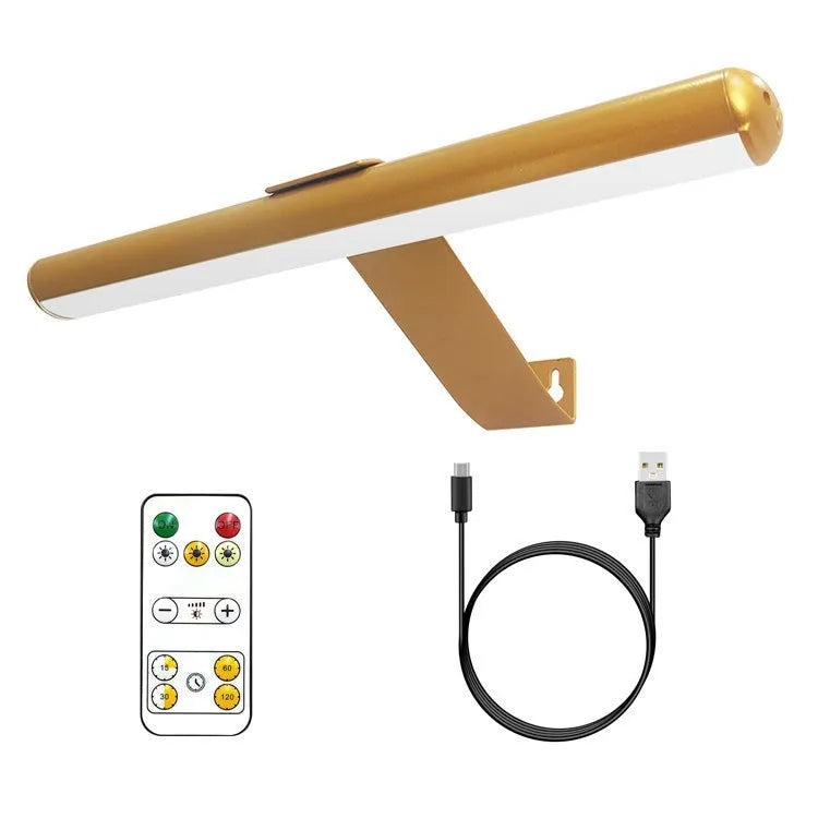Rechargeable oval LED oil painting lamp in gold finish, 425mm long, with magnetic mount and remote control