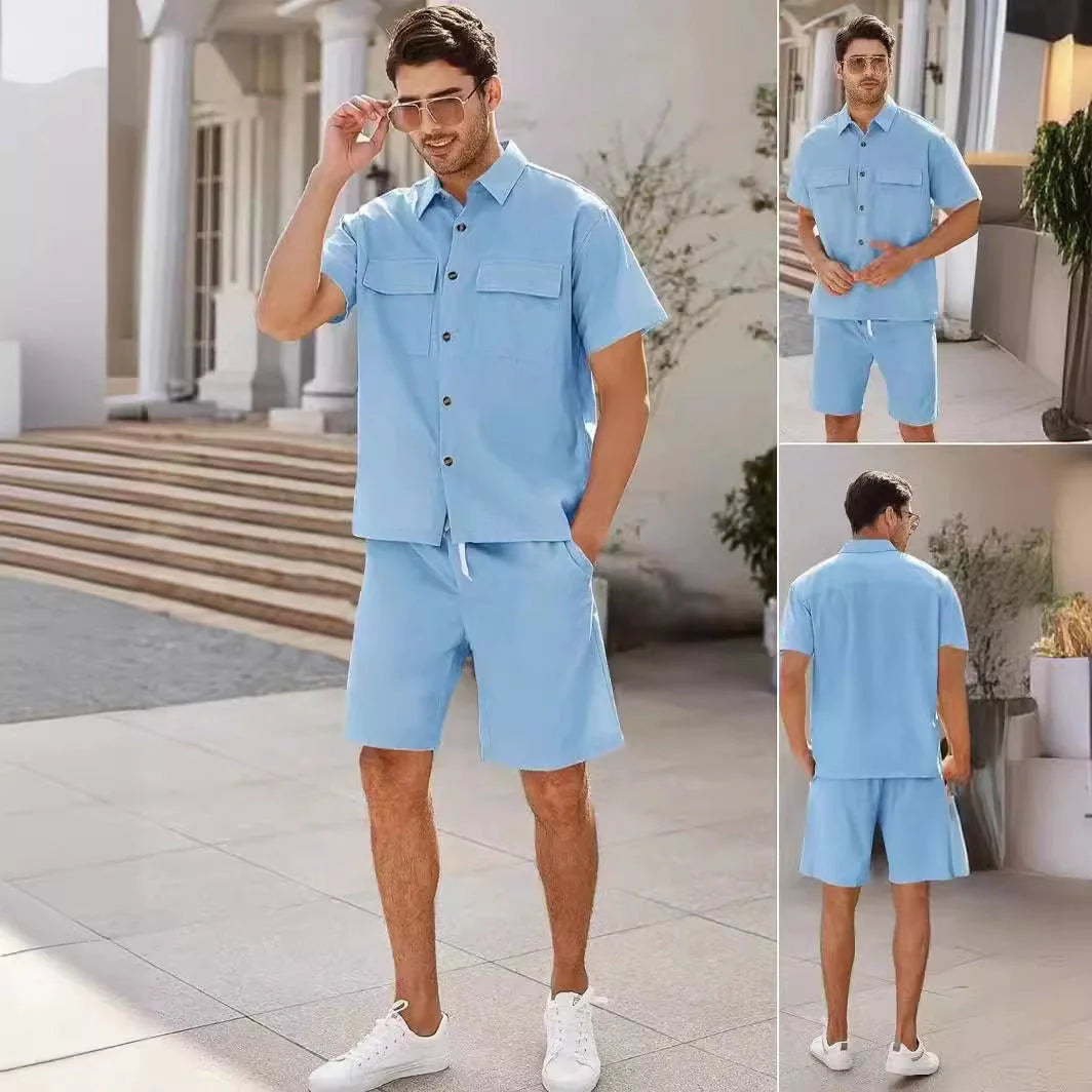Men's summer suit set with short sleeve lapel shirt and drawstring shorts in linen-cotton blend