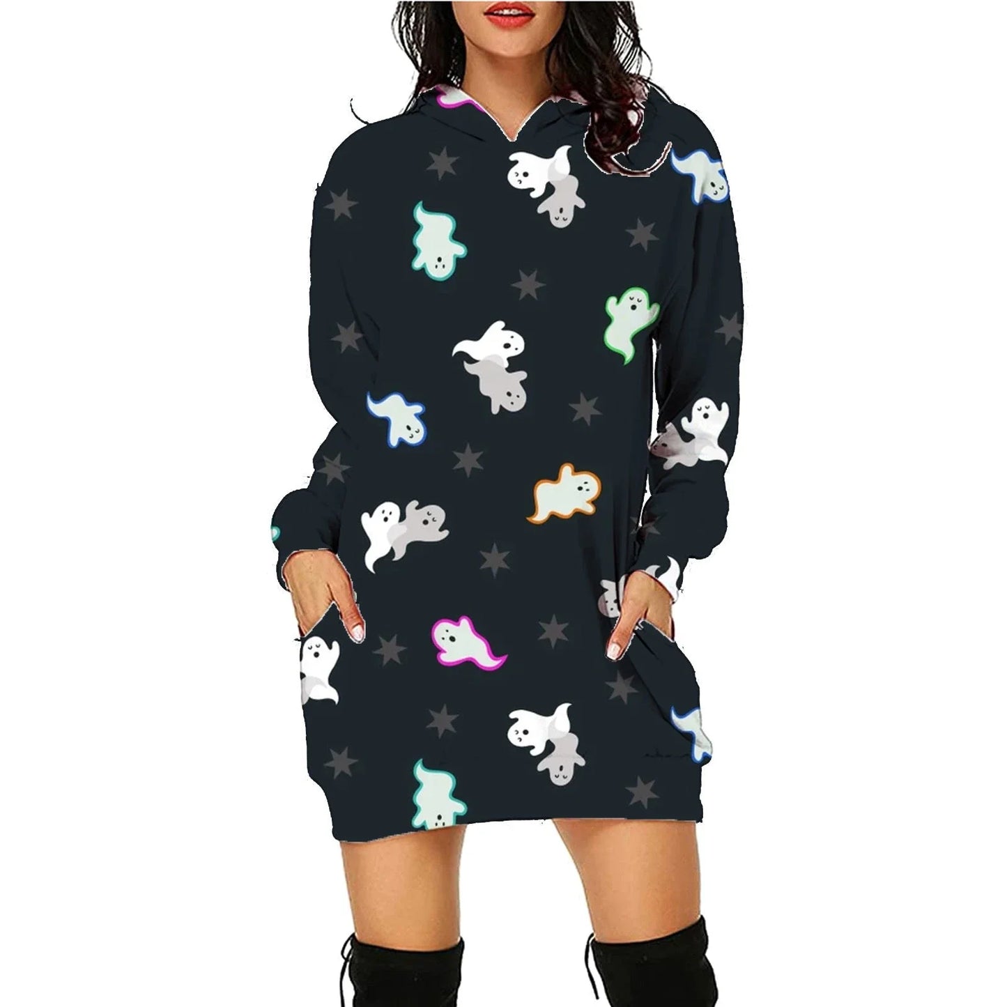 Stylish women's Halloween hoodie with a unique printed design and convenient front pockets