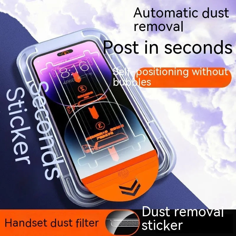Two-pack dust-free tempered glass screen protector for iPhone, showing HD and privacy variants.
