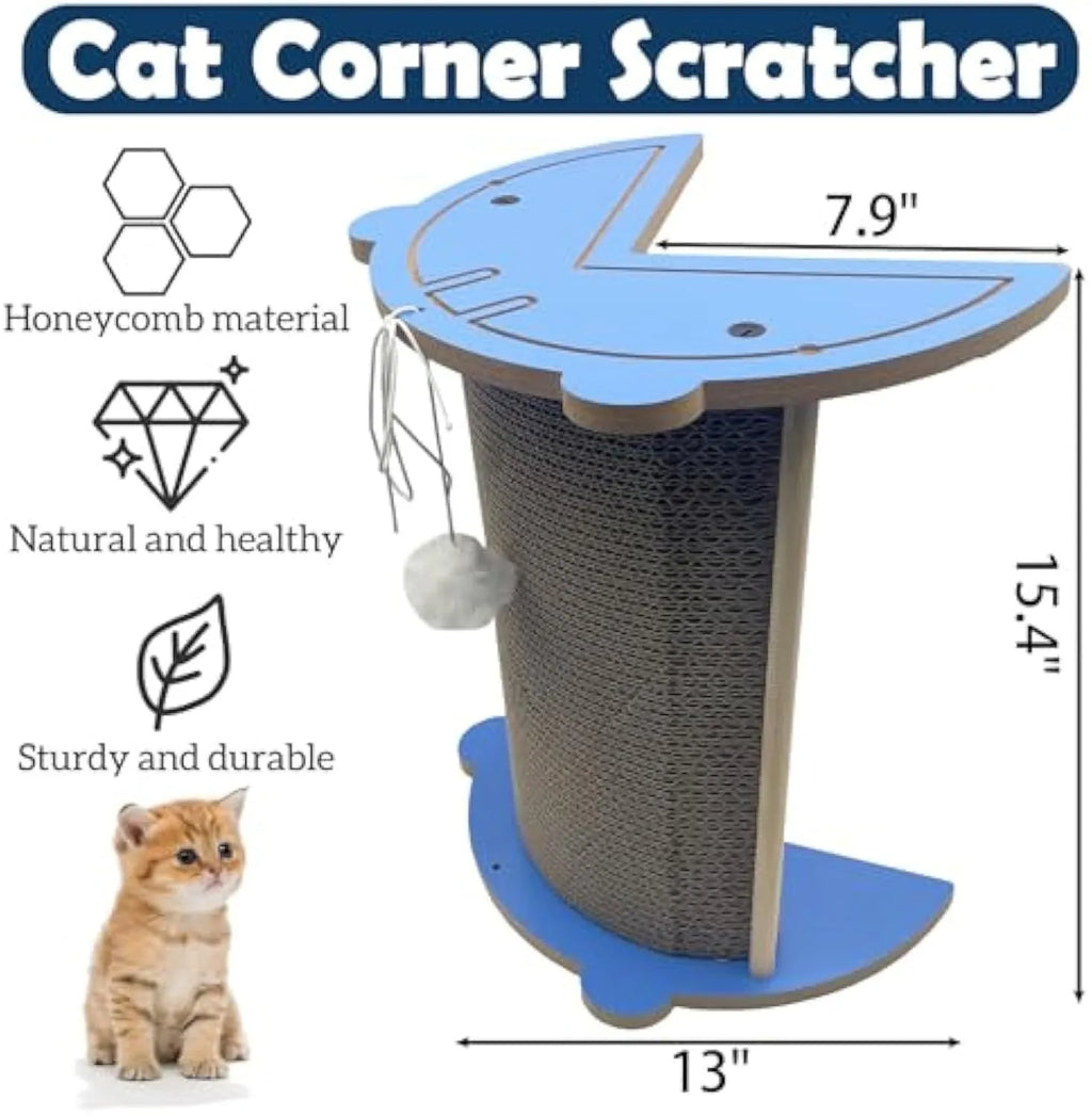 Grey cardboard corner cat scratching pad with hanging ball against a white wall.