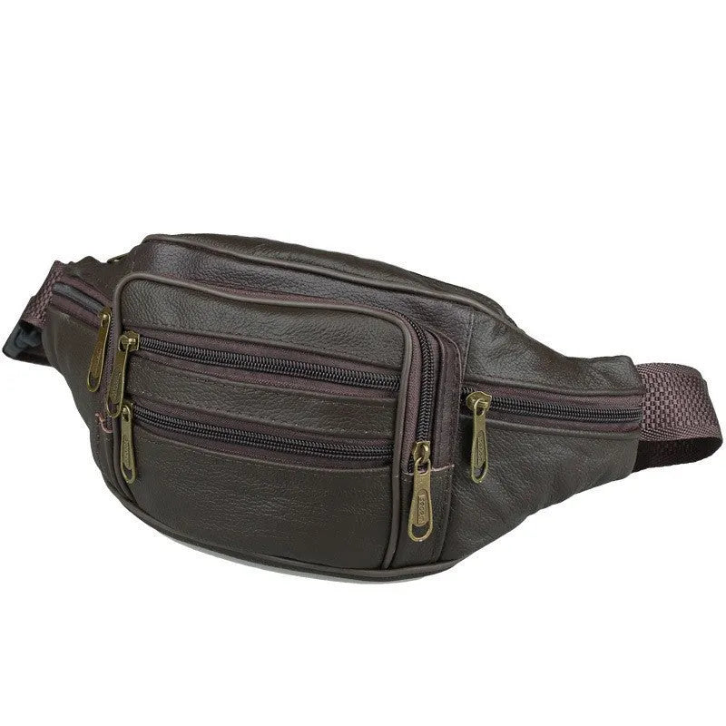 Men's waterproof PU leather waist bag in khaki, compact size for outdoor sports