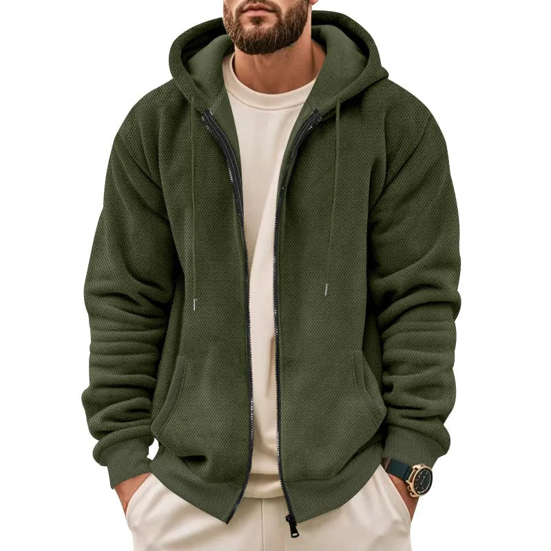 Men's fashion casual zippered hooded sweatshirt in gray, thickened fleece lining, full-zip cardigan style