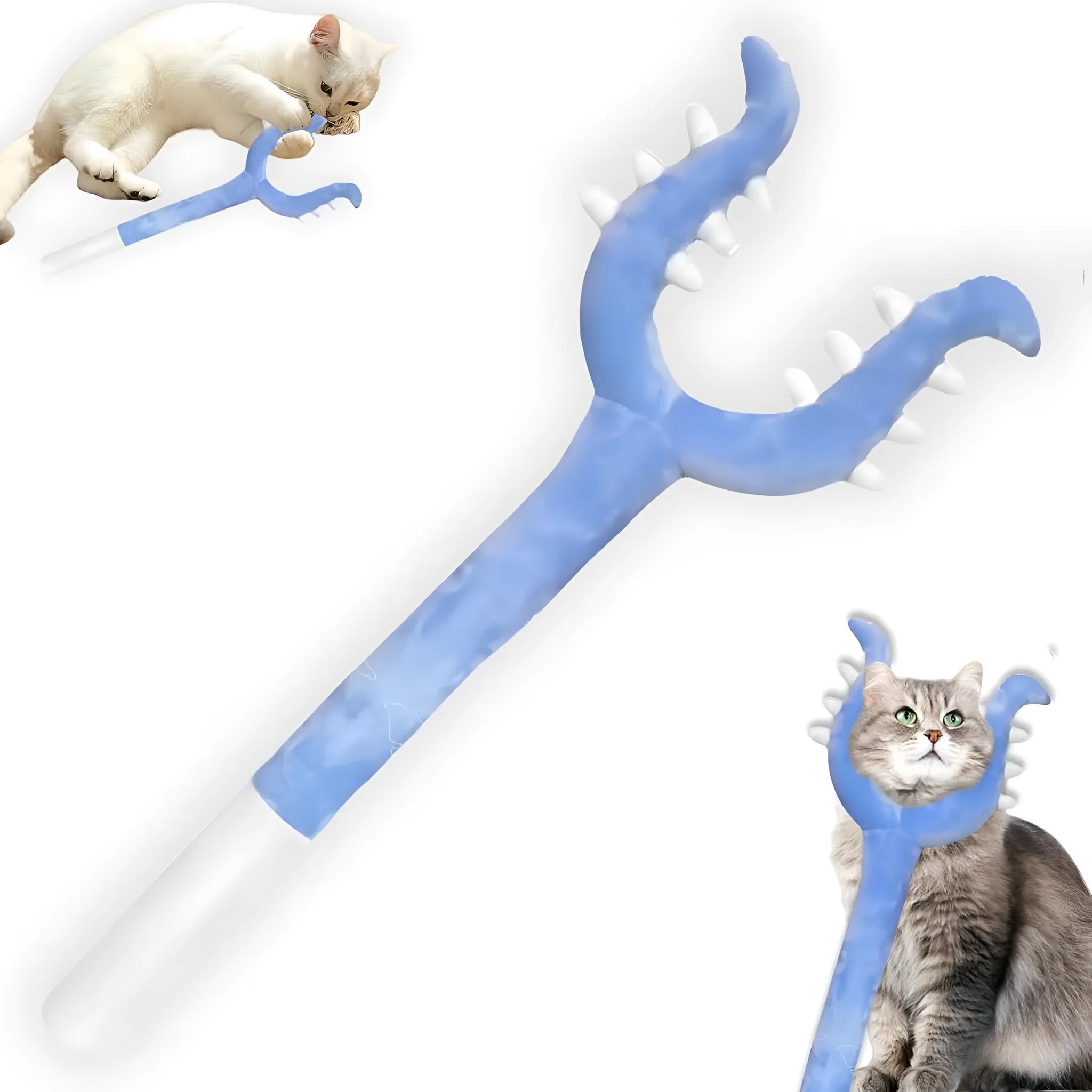 Blue plush cat wand toy with foam filling measuring 70cm length for indoor cat play
