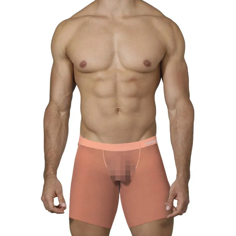 Men's ice silk boxer shorts in solid orange colour showing low-waist design and elastic waistband