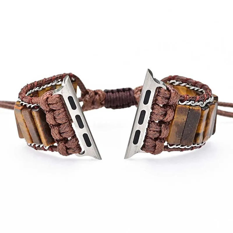 Rectangular tiger eye stone chain textile watch strap adjustable for 38-45mm watches