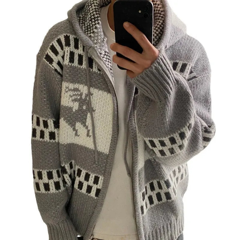 Jacquard Christmas zipper cardigan knitted coat loose fit youth leisure apricot gray imitation mink polyester