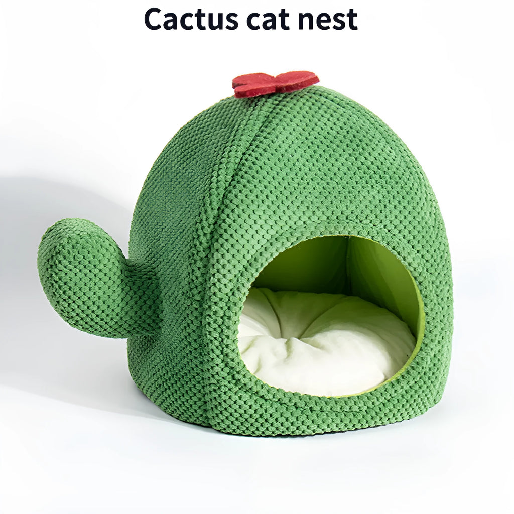 Green enclosed cat cave bed for kittens and small dogs, showing cosy interior.