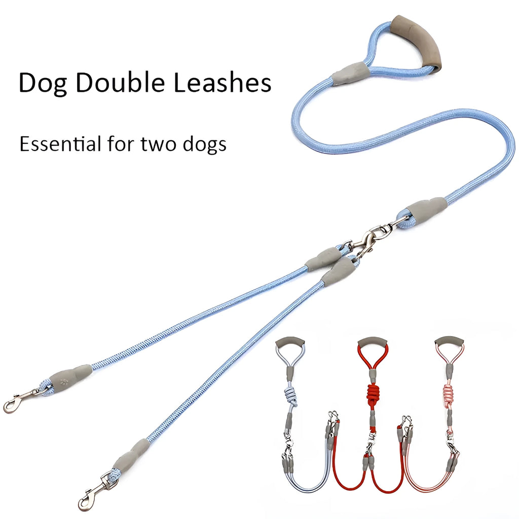 Blue double dog leash with soft foam handle for walking two small dogs