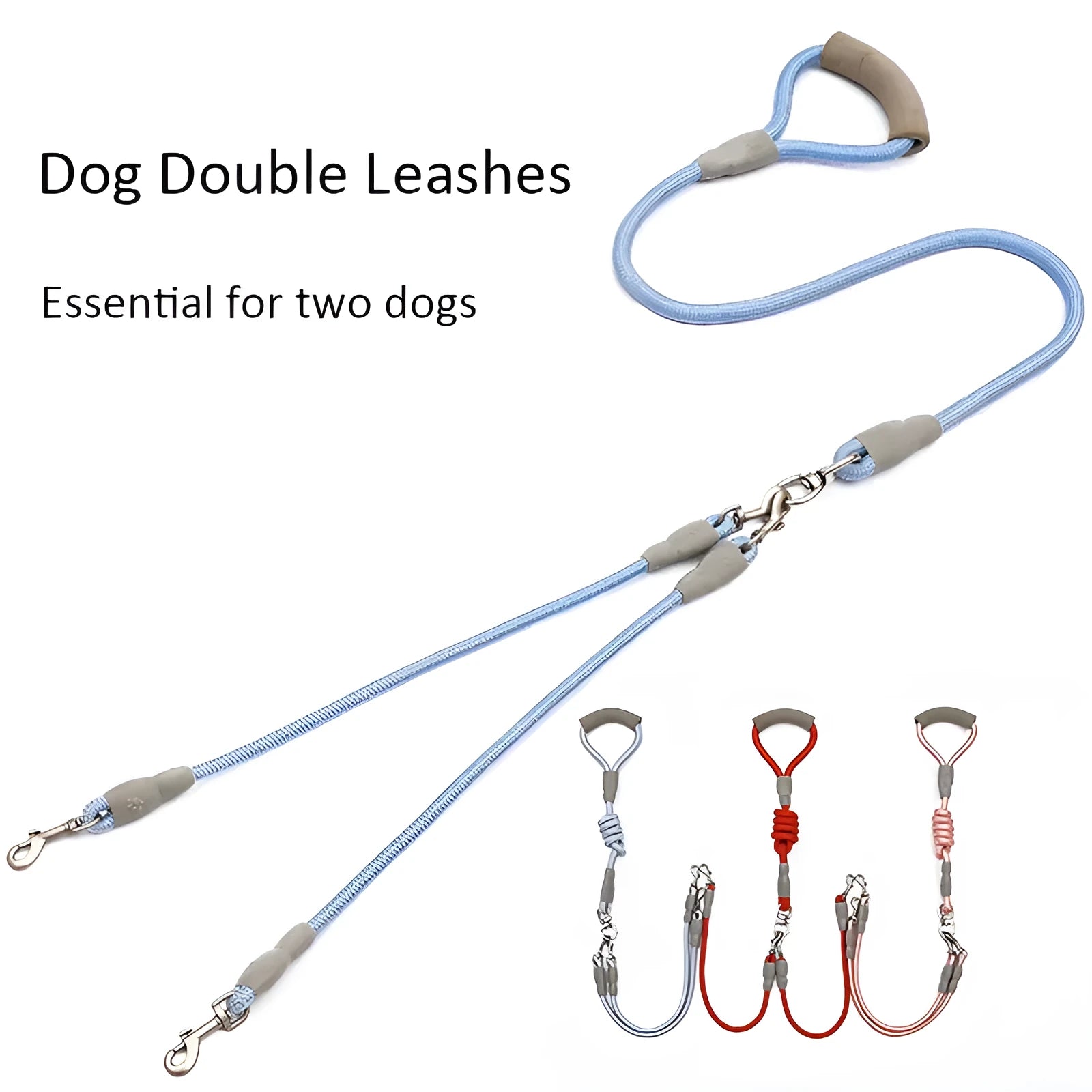 Blue double dog leash with soft foam handle for walking two small dogs