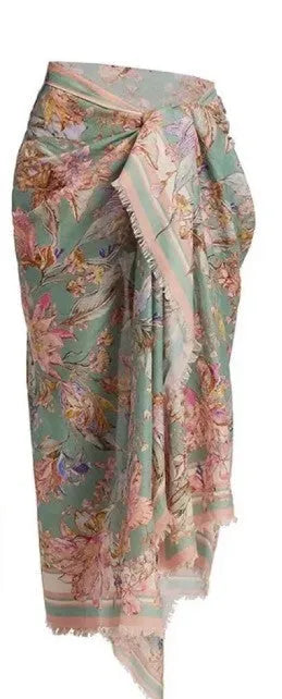 Women's creamy-white floral bikini suit with skirt for beach swimming