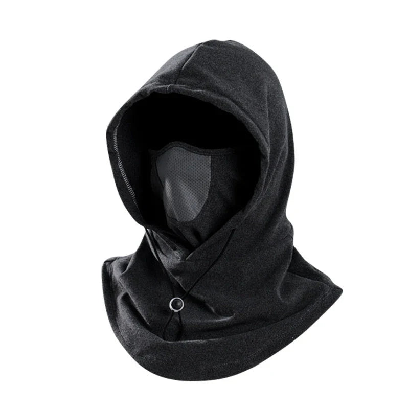 Versatile thermal fleece scarf in various colors, including black, dark gray, light gray, and pink, with adjustable drawstring and transformable design