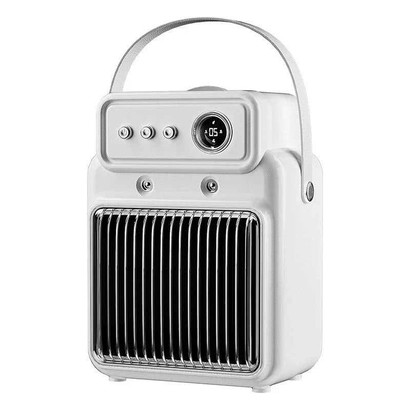 A modern, white electric heater and humidifier with a control panel and mist output