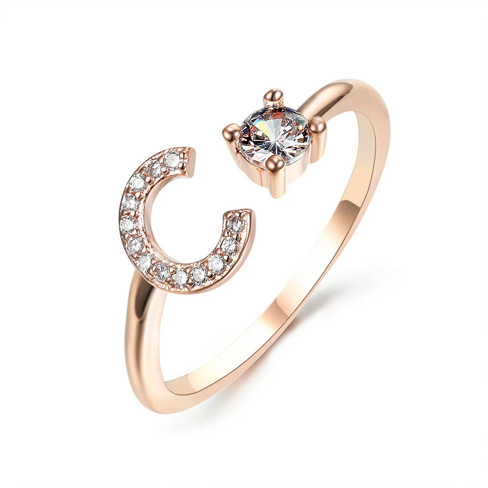 Elegant 26-letter adjustable initial ring in gold, silver, and rose gold finishes