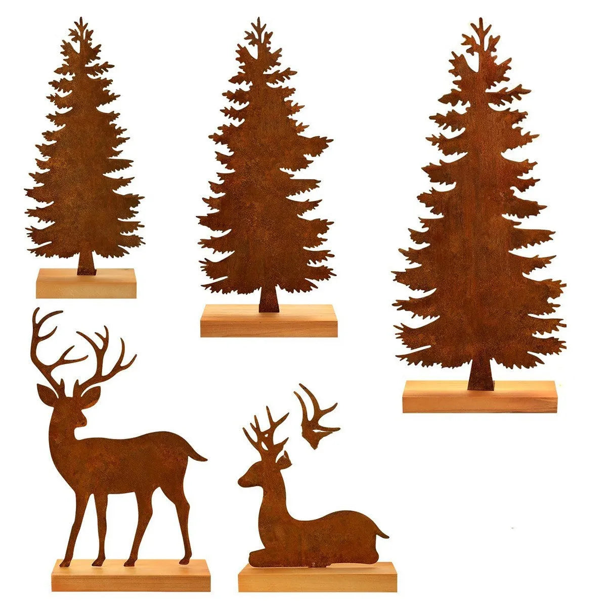 Three rustic iron metal Christmas tree ornaments featuring elk silhouettes, American style.