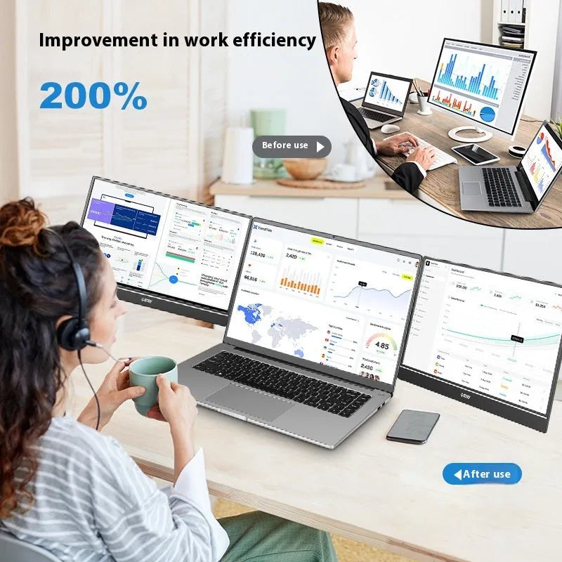 Black HD 14-inch dual screen IPS LCD office display with USB interface