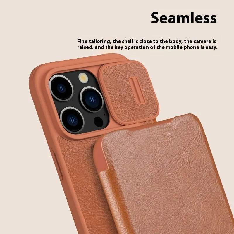 Black imitation leather flip phone case for iPhone Pro models shown open.